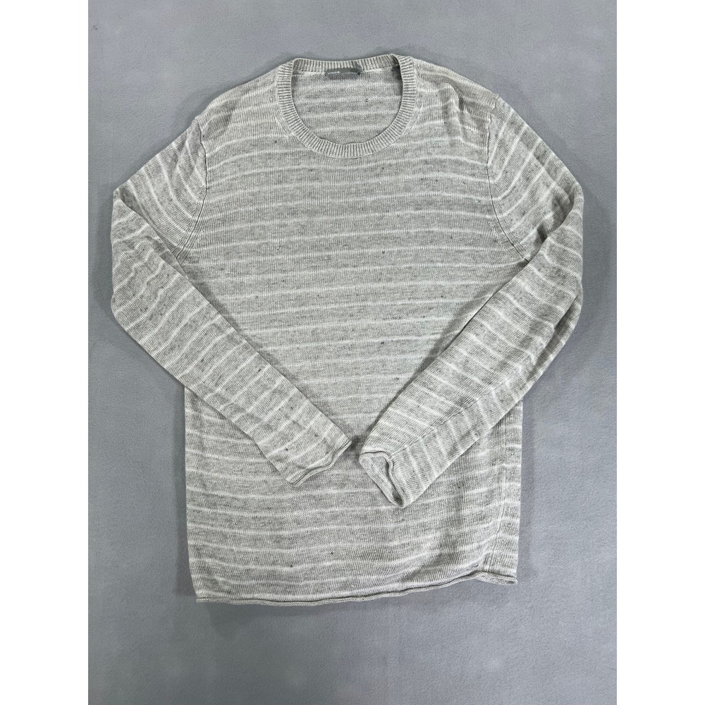 Vince Mens Grey White Striped 100% Linen Long Sleeve Crew Neck Sweater Size M